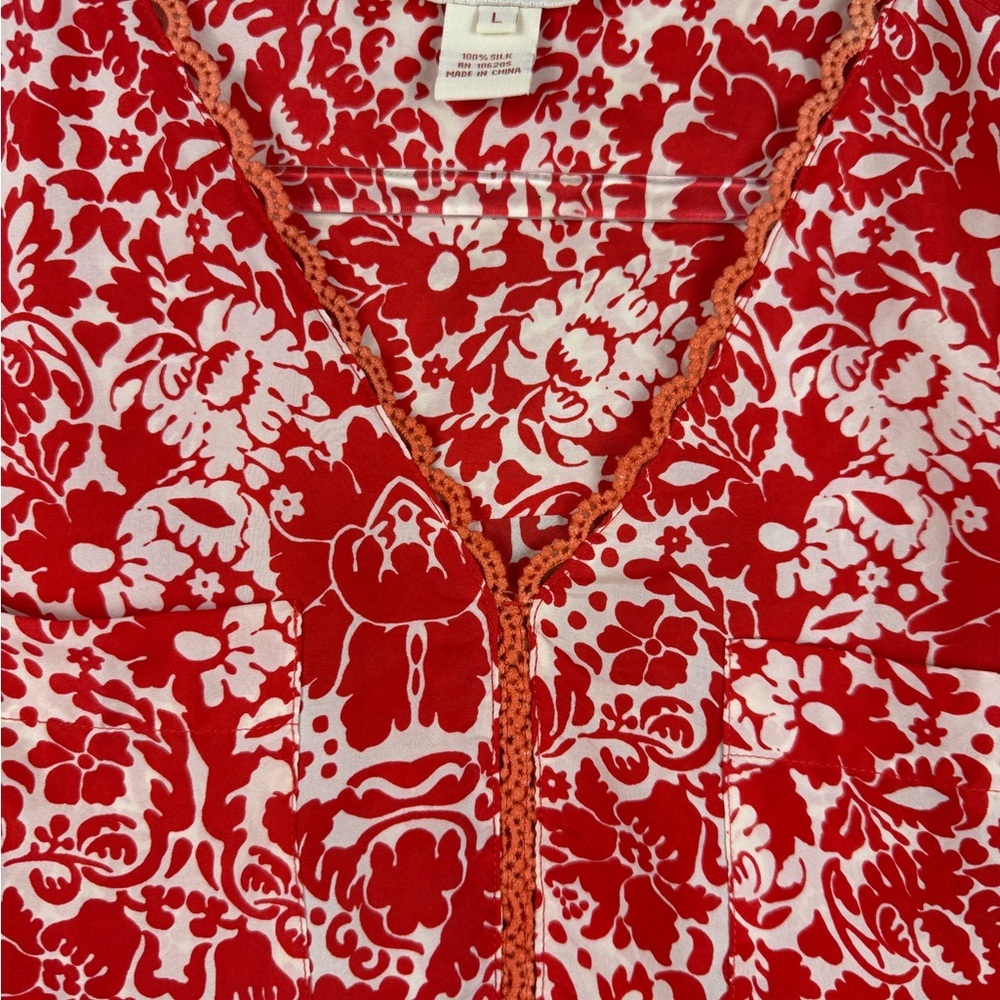 Sundance red floral silk blouse size large preowned - Picture 2 of 10